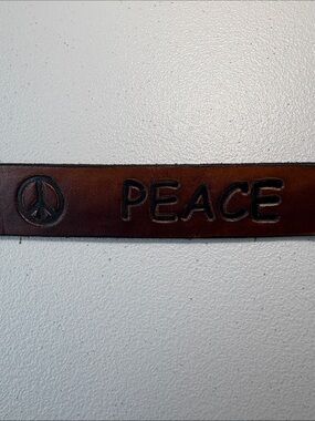 Leather 'Peace' Embossed Brown Vintage Belt - Medium
